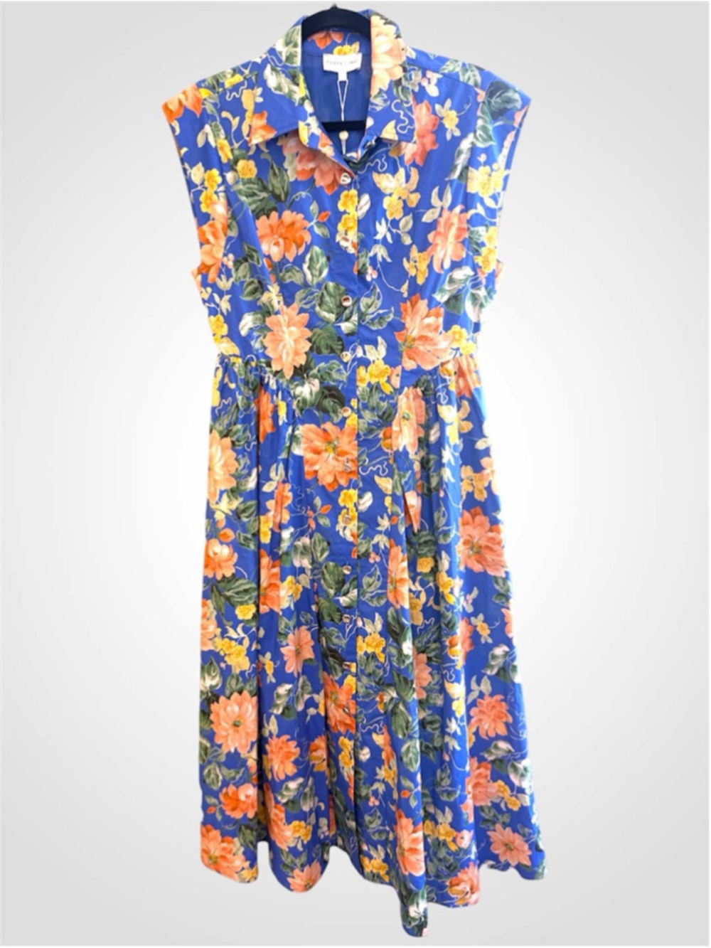 Entro Botanical Print Cap Sleeve Midi Dress in Blue Size S